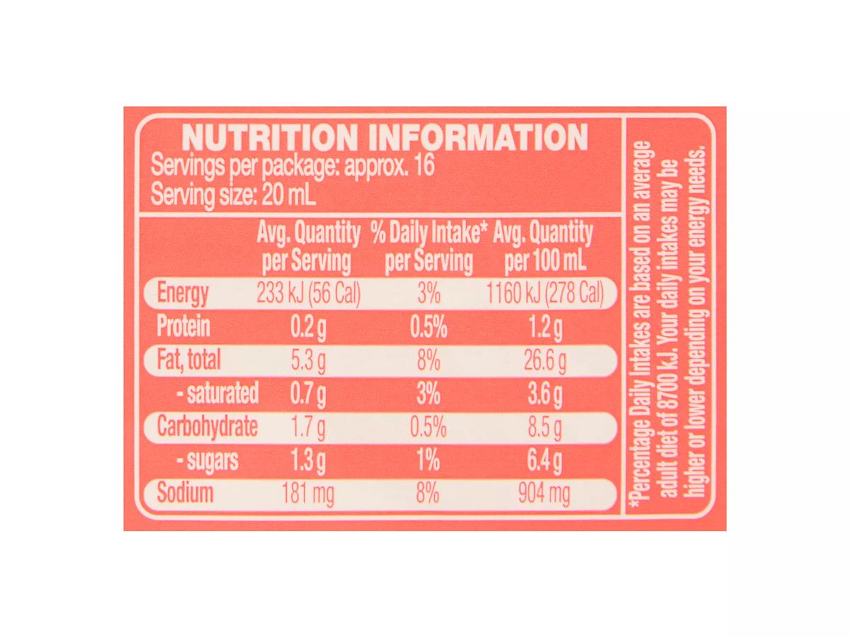 Pack photograph of COLWAY Caesar Salad Dressing 330ml showing the printed nutrition panel