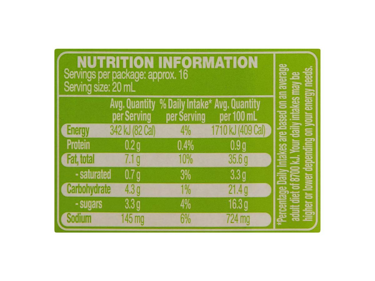 Pack photograph of COLWAY Coleslaw Salad Dressing 330ml showing the printed nutrition panel