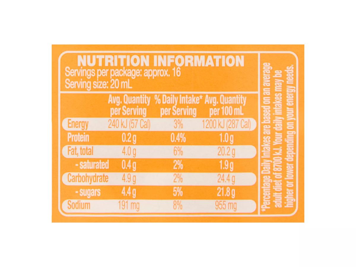 Pack photograph of COLWAY Thousand Island Salad Dressing 330ml showing the printed nutrition panel