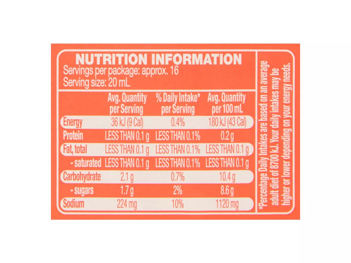 Pack photograph of COLWAY Italian Fat Free Salad Dressing 330ml showing the printed nutrition panel