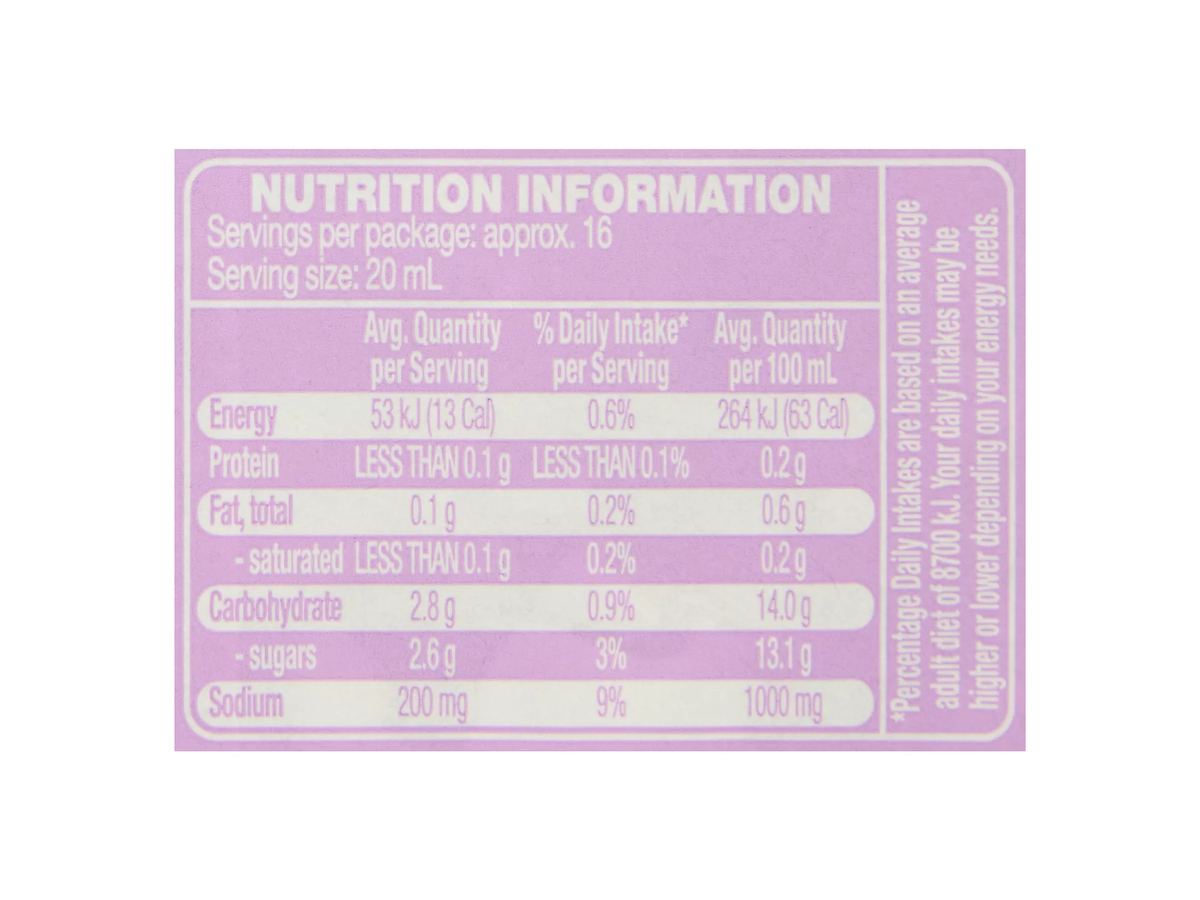 Pack photograph of COLWAY Balsamic Fat Free Salad Dressing 330ml showing the printed nutrition panel