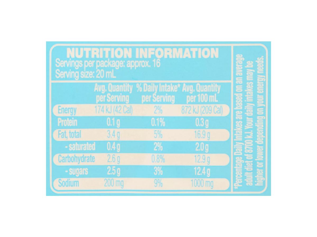 Pack photograph of COLWAY French Salad Dressing 330ml showing the printed nutrition panel