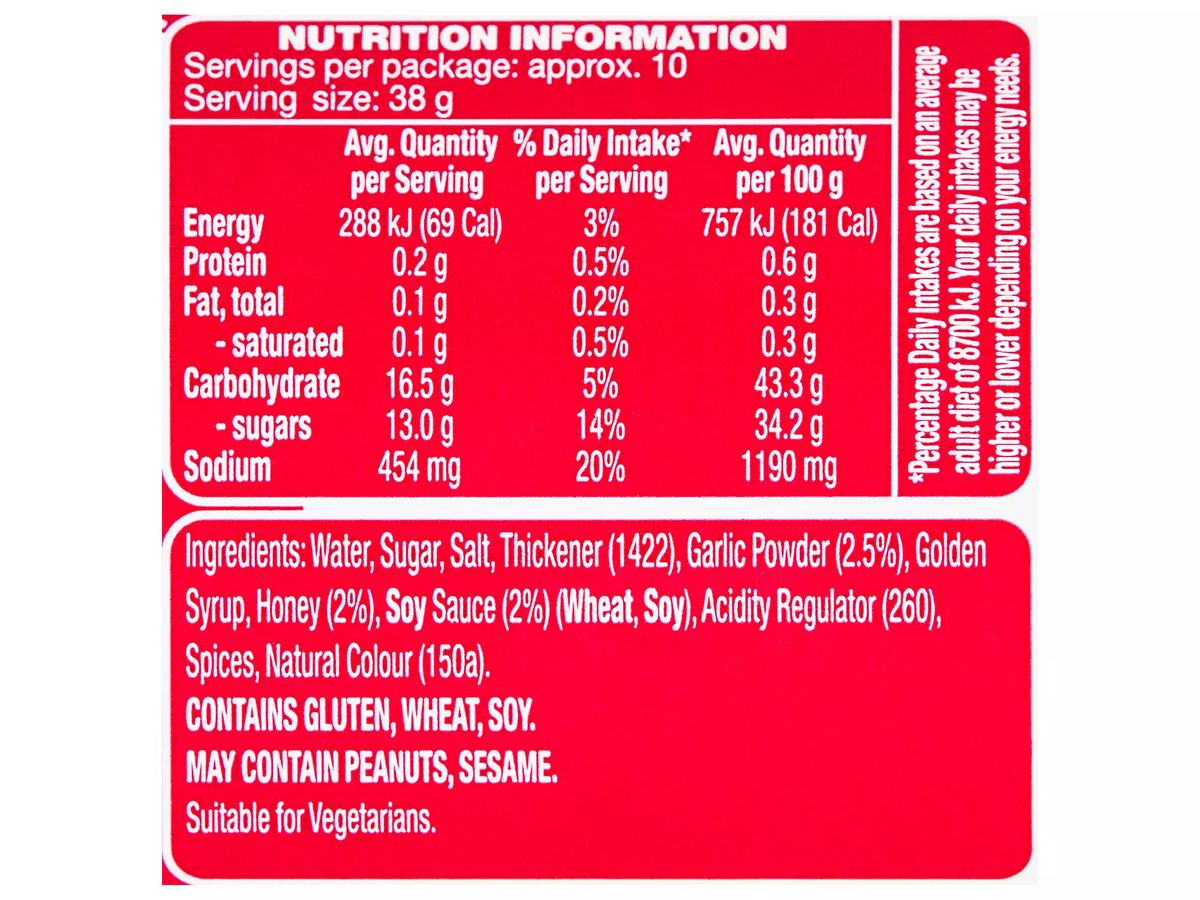 Pack photograph of COLWAY Honey, Soy & Garlic Marinade 375g showing the printed nutrition panel