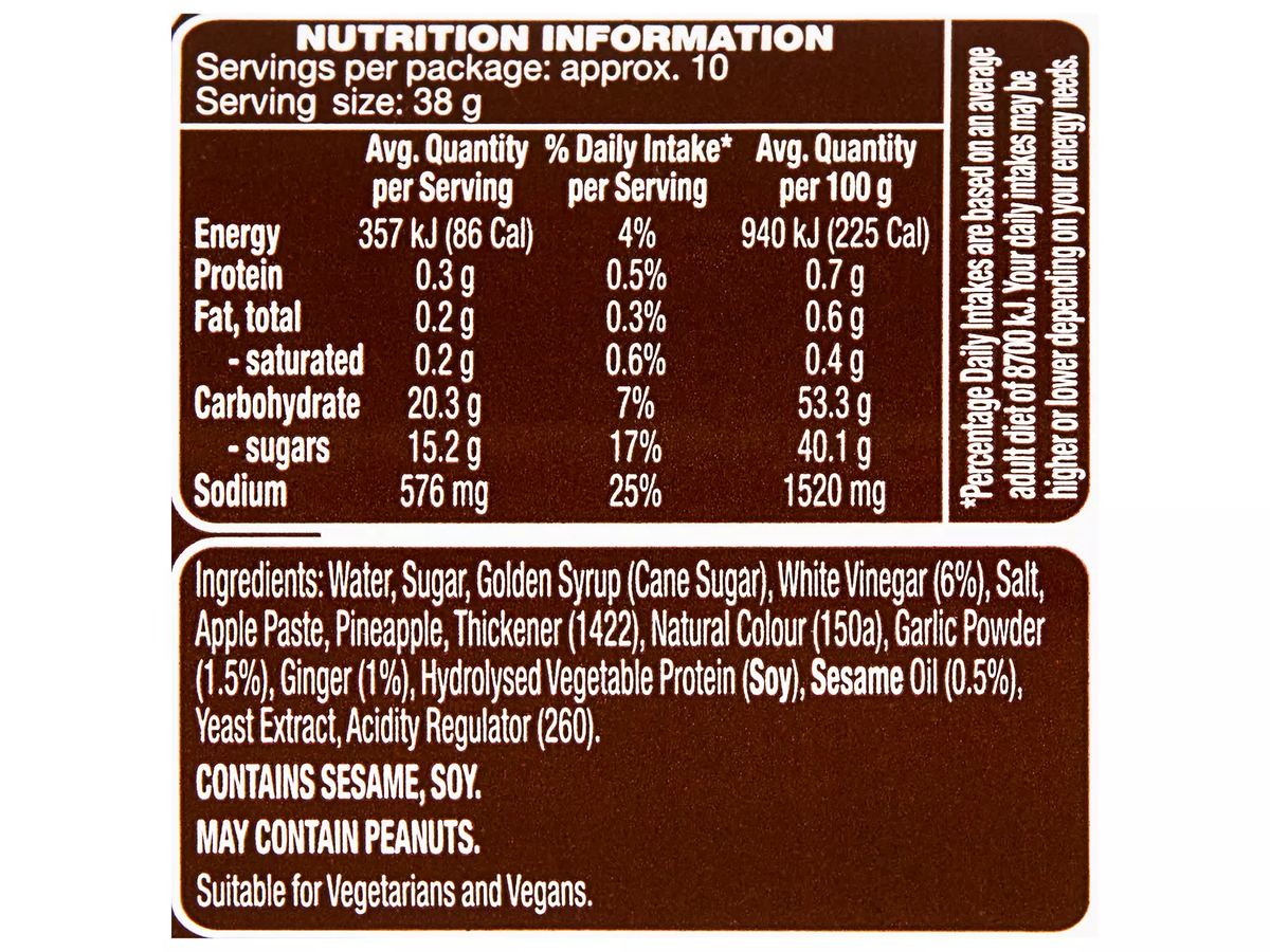 Pack photograph of COLWAY Teriyaki Marinade 375g showing the printed nutrition panel