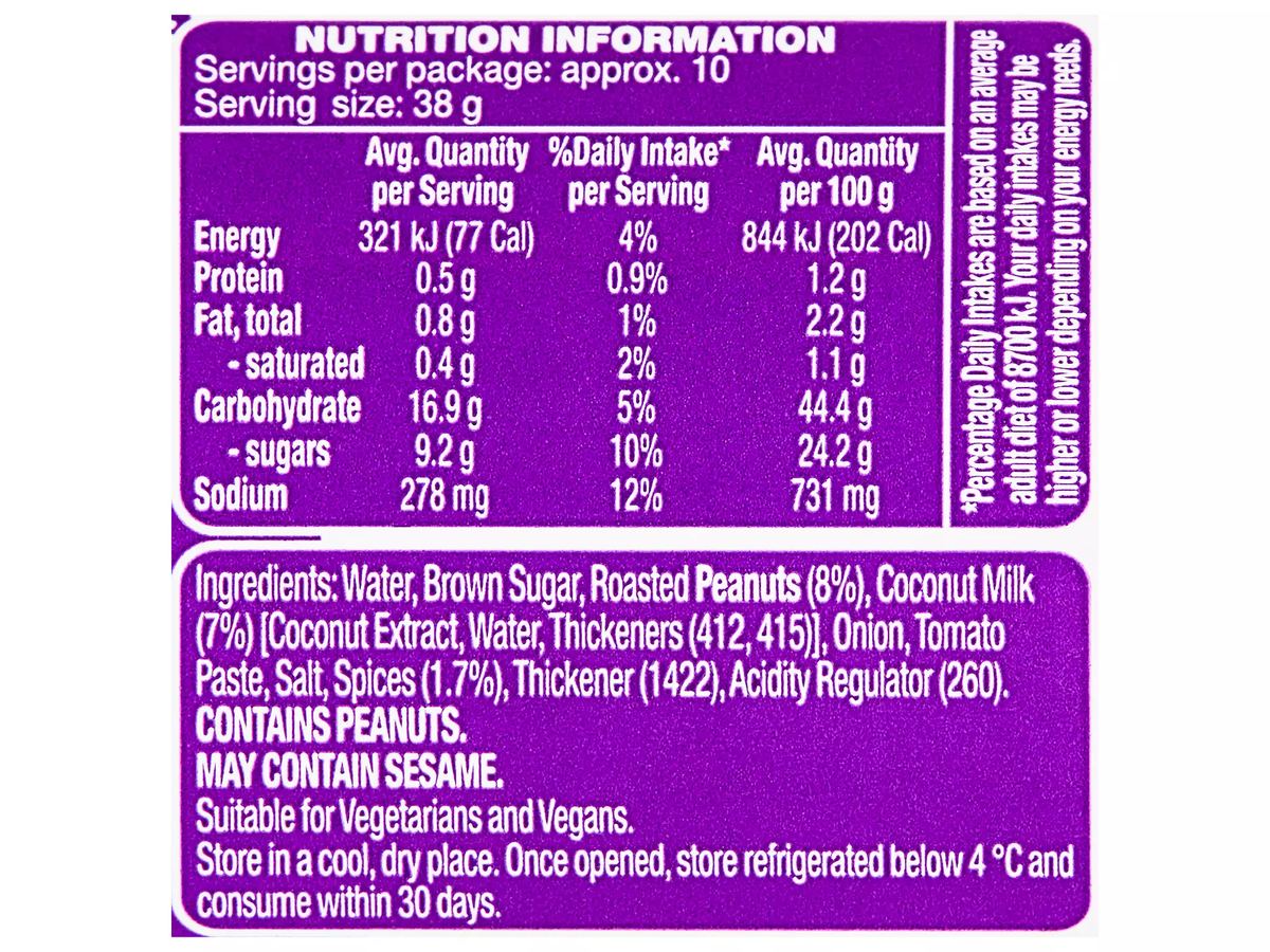Pack photograph of COLWAY Satay Marinade 375g showing the printed nutrition panel