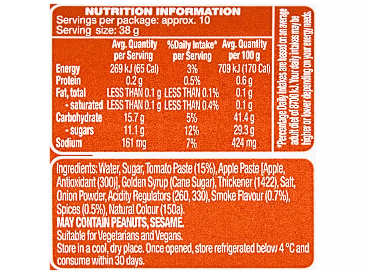 Pack photograph of COLWAY Smokey BBQ Marinade 375g showing the printed nutrition panel