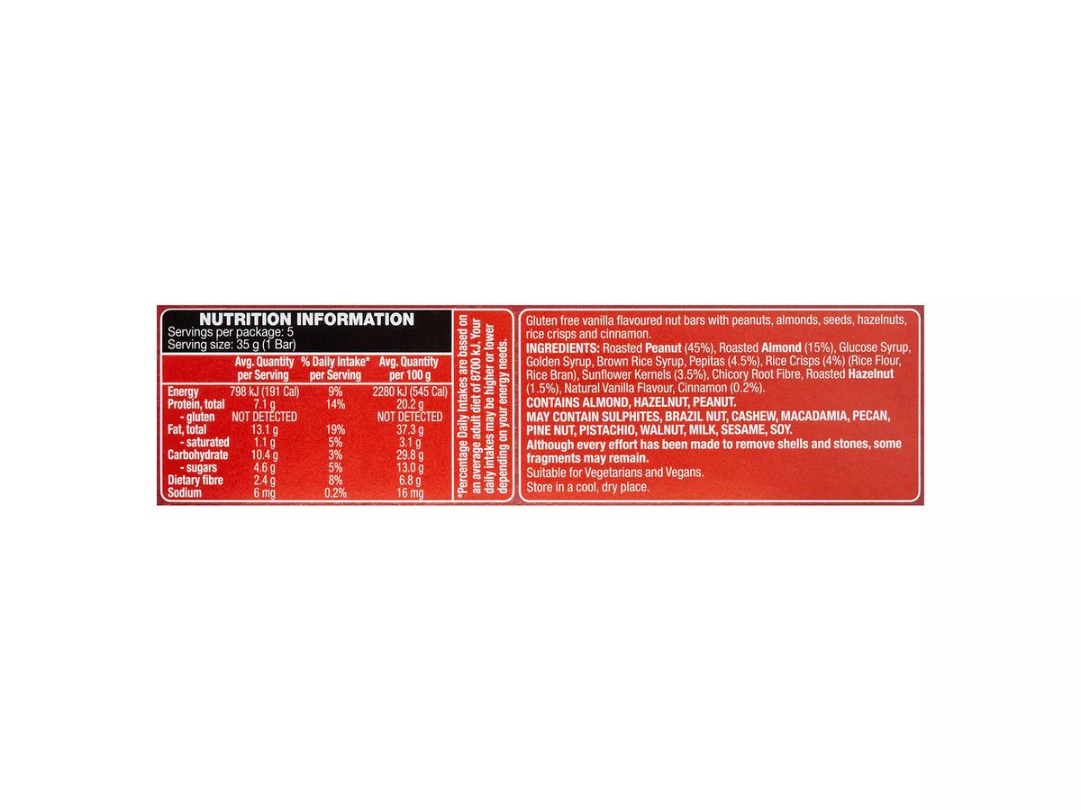 Pack photograph of HILLCREST Almond Hazelnut & Vanilla Premium Nut Bars 5 Pack 175g showing the printed nutrition panel