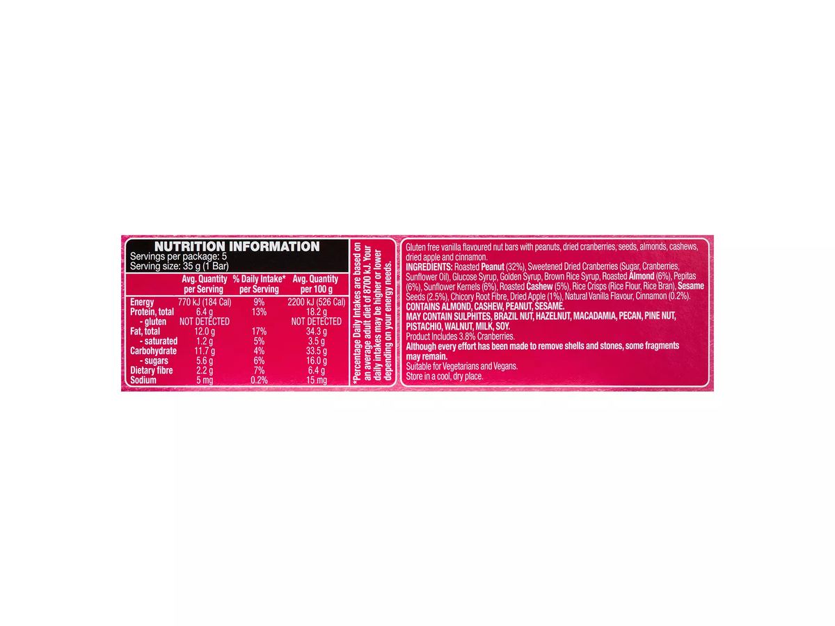Pack photograph of HILLCREST Premium Nut Bars Almond Cashew & Cranberry 5 Pack 175g showing the printed nutrition panel