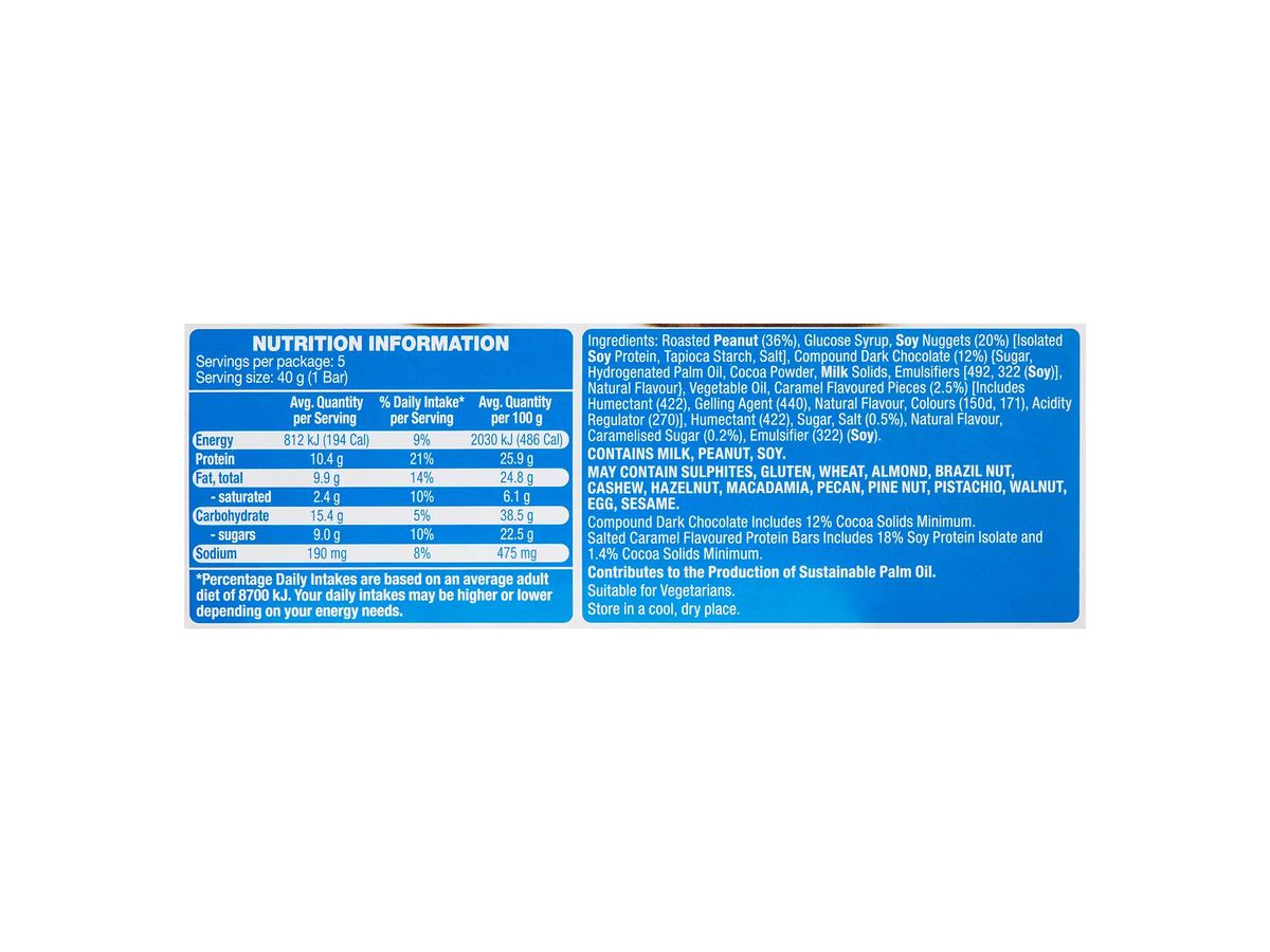 Pack photograph of HILLCREST Protein Bars Salted Caramel 5 Pack 200g showing the printed nutrition panel