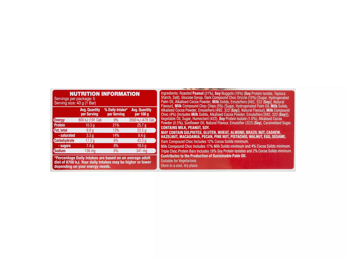 Pack photograph of HILLCREST Protein Bars Triple Choc 5 Pack 200g showing the printed nutrition panel