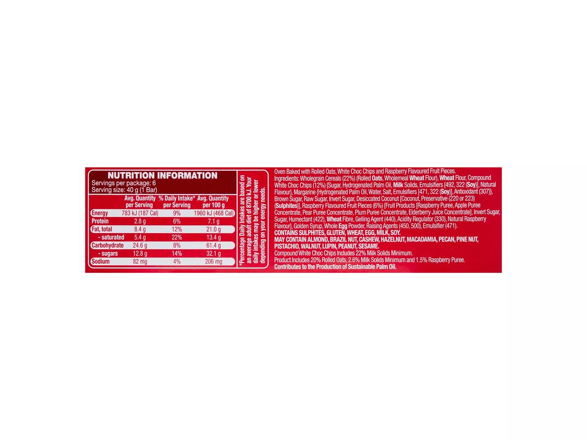 Pack photograph of HILLCREST White Choc & Raspberry Oat Bars 6 Pack 240g showing the printed nutrition panel