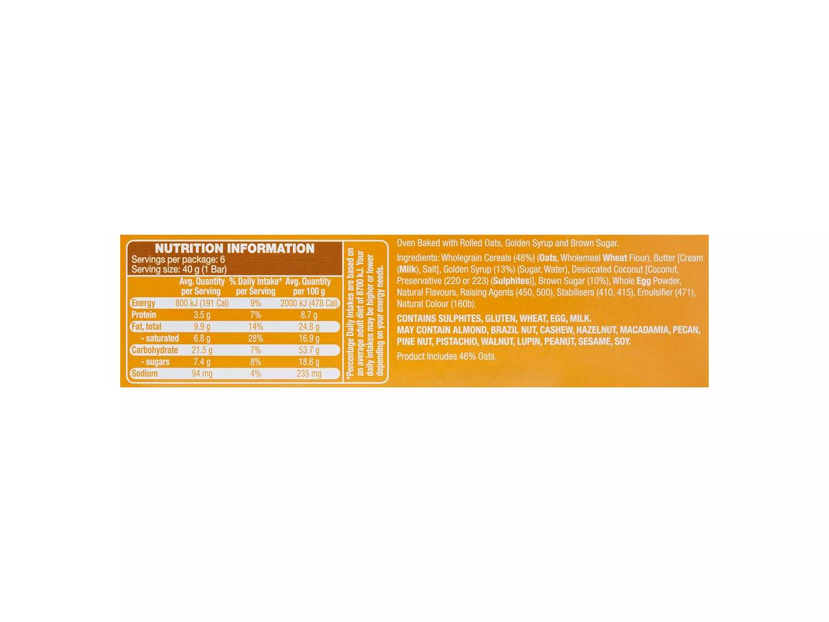 Pack photograph of HILLCREST Oat Bars Golden Oats 6 Pack 240g showing the printed nutrition panel