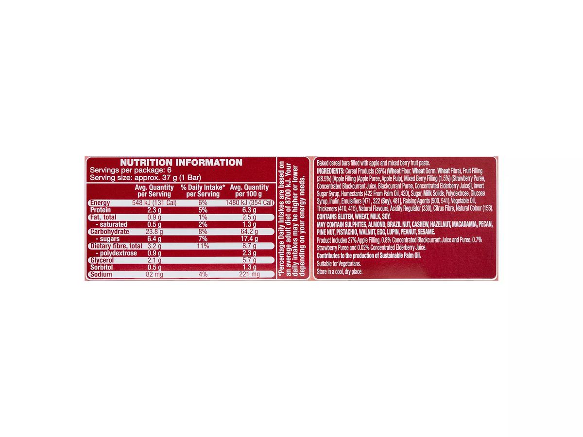 Pack photograph of HILLCREST Fruity Filled Bars Mixed Berry 6 Pack 225g showing the printed nutrition panel