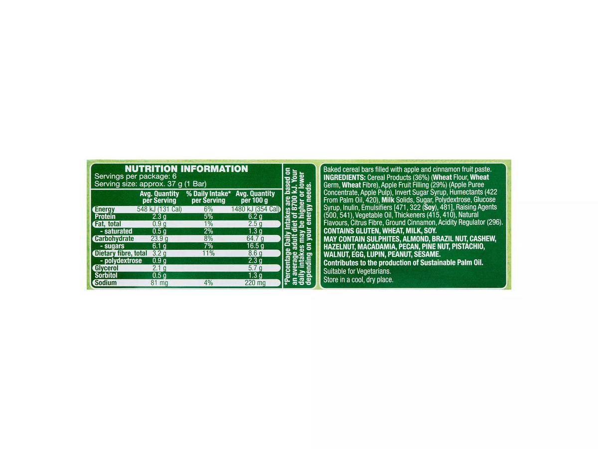 Pack photograph of HILLCREST Fruity Filled Bars Apple & Cinnamon 6 Pack 225g showing the printed nutrition panel
