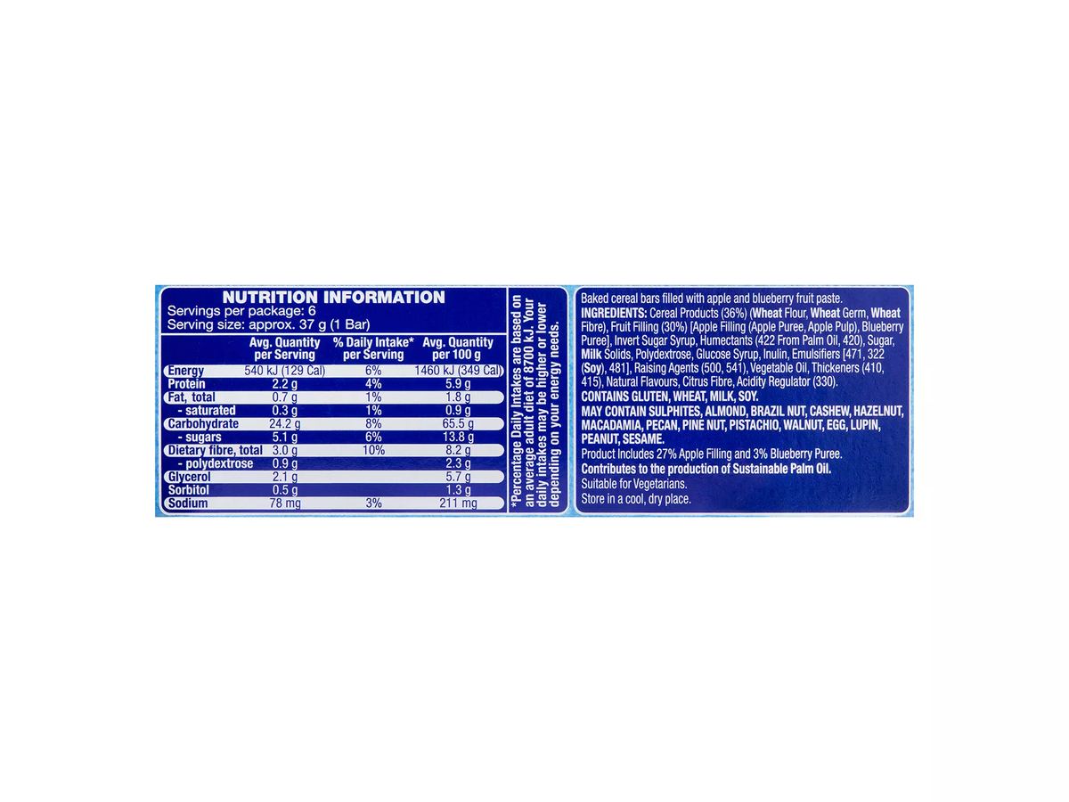 Pack photograph of HILLCREST Fruity Filled Bars Blueberry 6 Pack 225g showing the printed nutrition panel