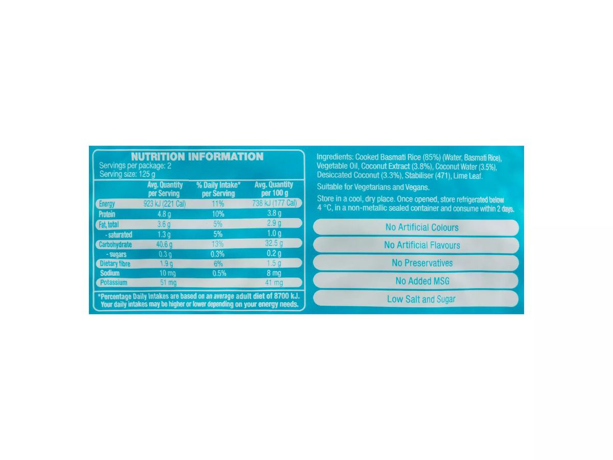 Pack photograph of IMPERIAL GRAIN Microwave Rice Pouch Coconut Basmati 250g showing the printed nutrition panel