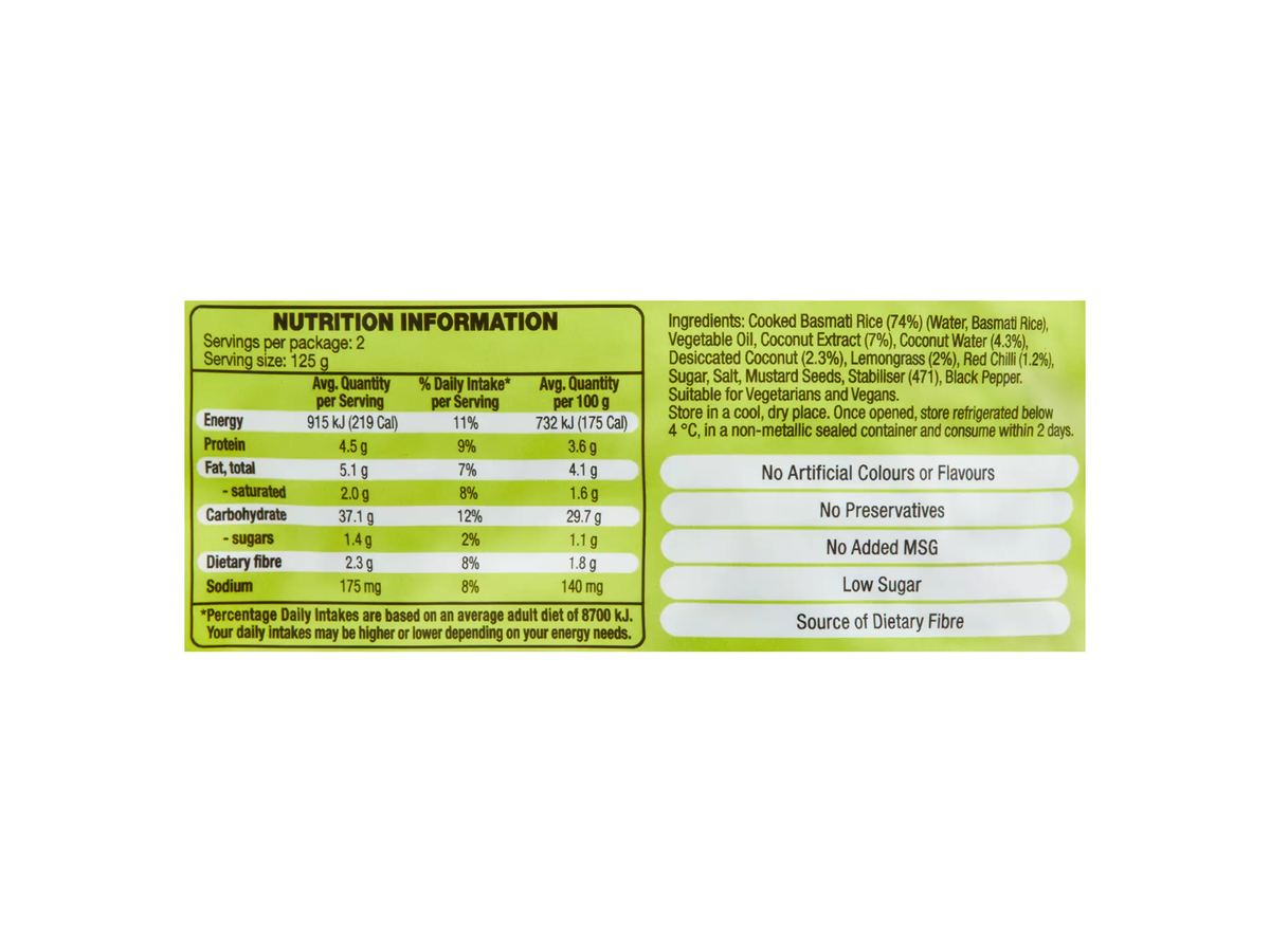 Pack photograph of IMPERIAL GRAIN Microwave Rice Pouch Coconut Chilli and Lemongrass Basmati 250g showing the printed nutrition panel