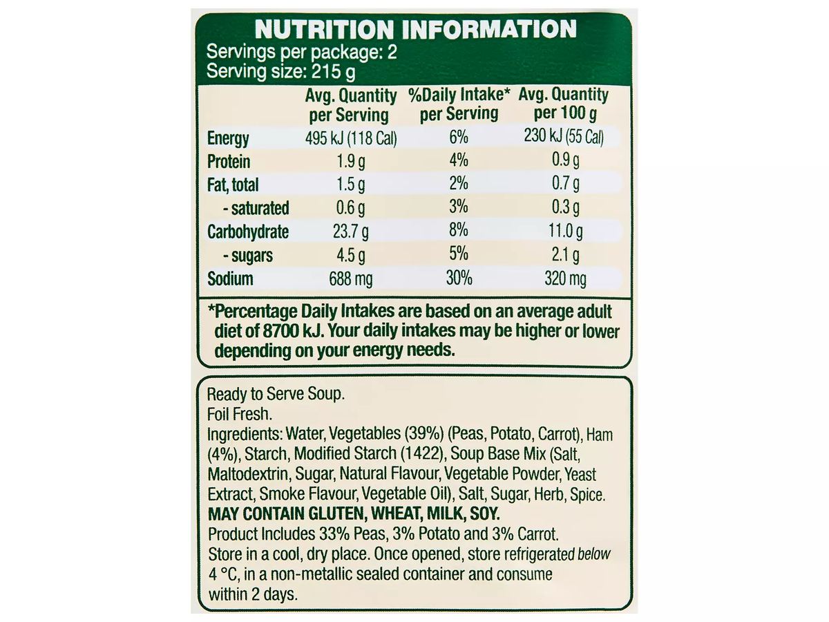 Pack photograph of THE SOUP CO. Pea & Ham Soup 430g showing the printed nutrition panel