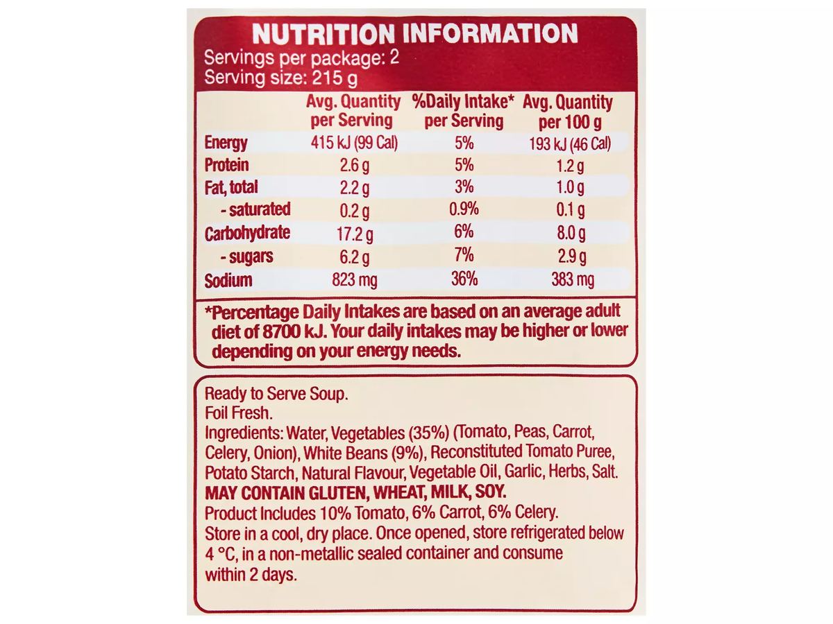 Pack photograph of THE SOUP CO. Minestrone Soup 430g showing the printed nutrition panel