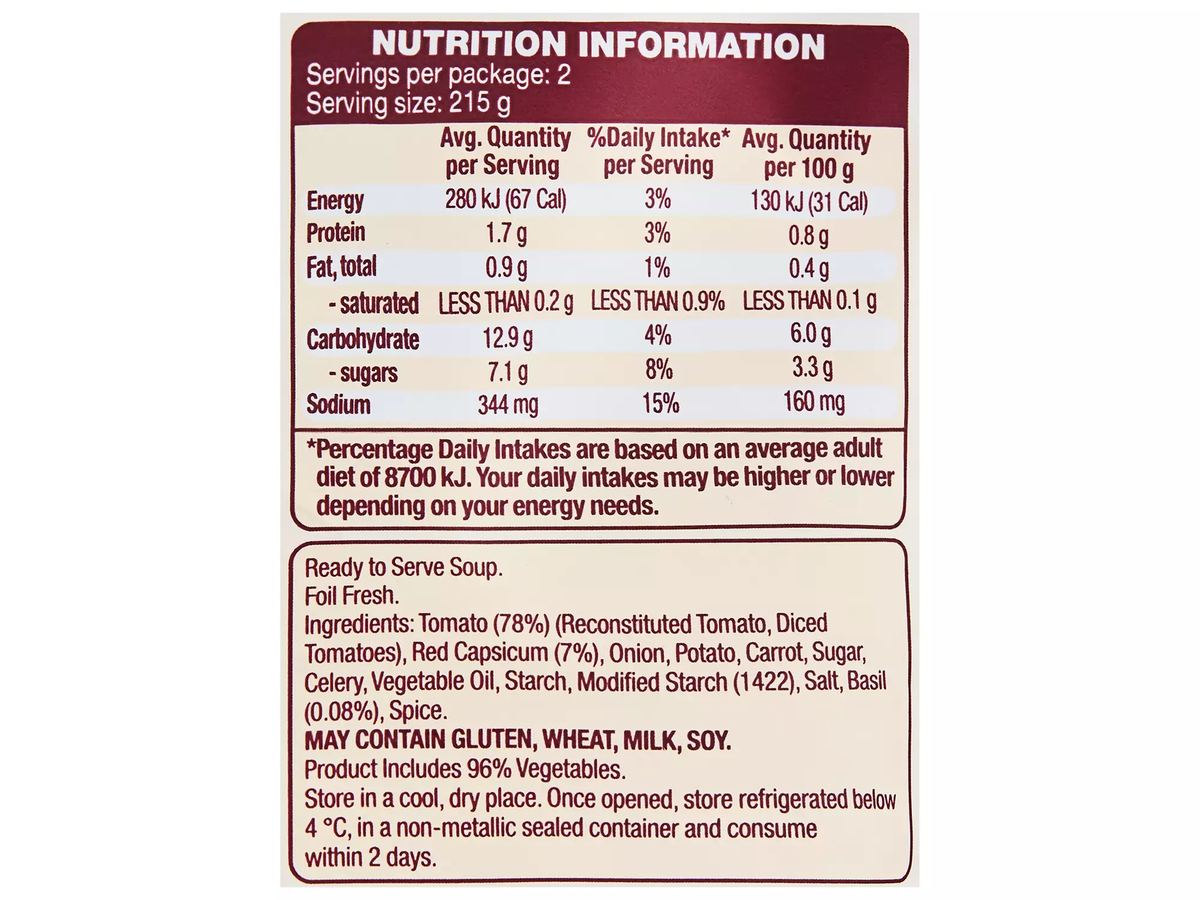 Pack photograph of THE SOUP CO. Tomato & Capsicum with Basil Soup 430g showing the printed nutrition panel