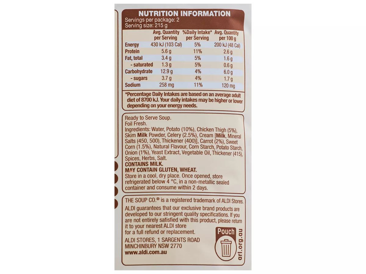 Pack photograph of THE SOUP CO. Old Fashioned Chicken Pouch Soup 430g showing the printed nutrition panel
