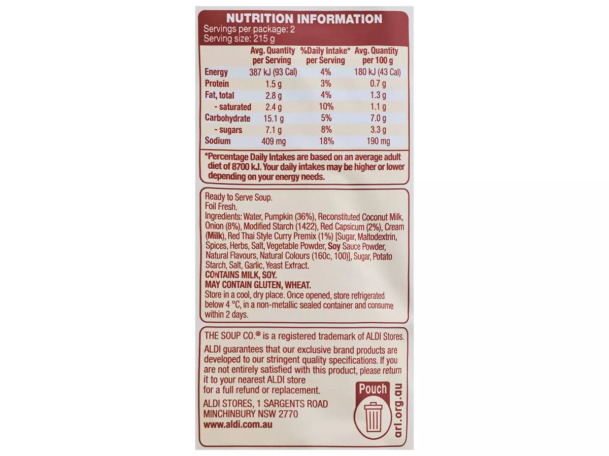 Pack photograph of THE SOUP CO. Creamy Pumpkin Pouch Soup 430g showing the printed nutrition panel