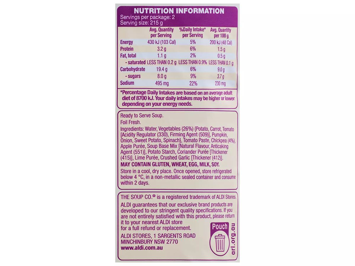 Pack photograph of THE SOUP CO. Vegetable Pouch Soup 430g showing the printed nutrition panel