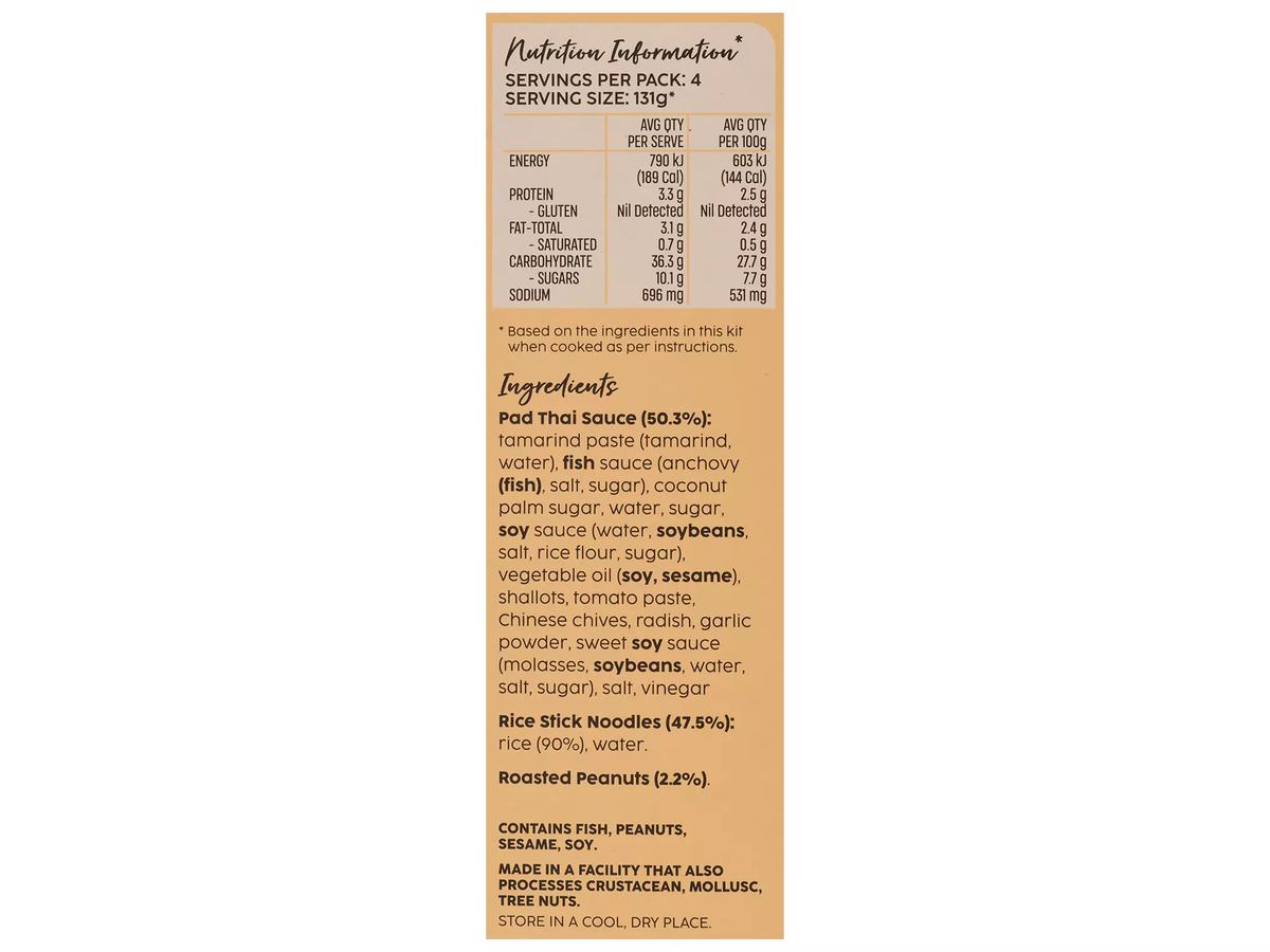 Pack photograph of MARION'S KITCHEN Pad Thai Meal Kit 358g showing the printed nutrition panel