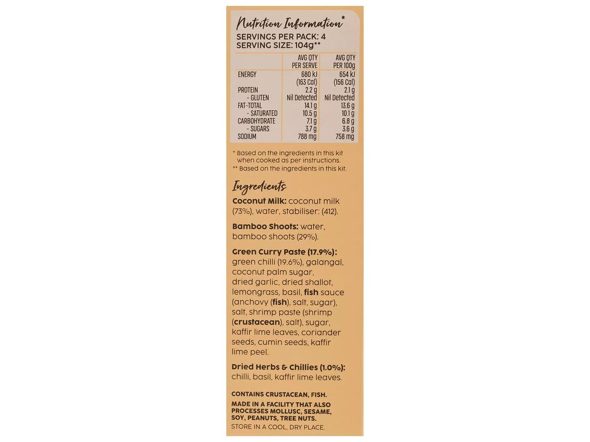 Pack photograph of MARION'S KITCHEN Thai Green Curry Meal Kit 419g showing the printed nutrition panel