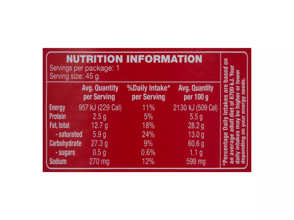 Pack photograph of SPRINTERS Snack Stack Chips Original Flavour 45g showing the printed nutrition panel