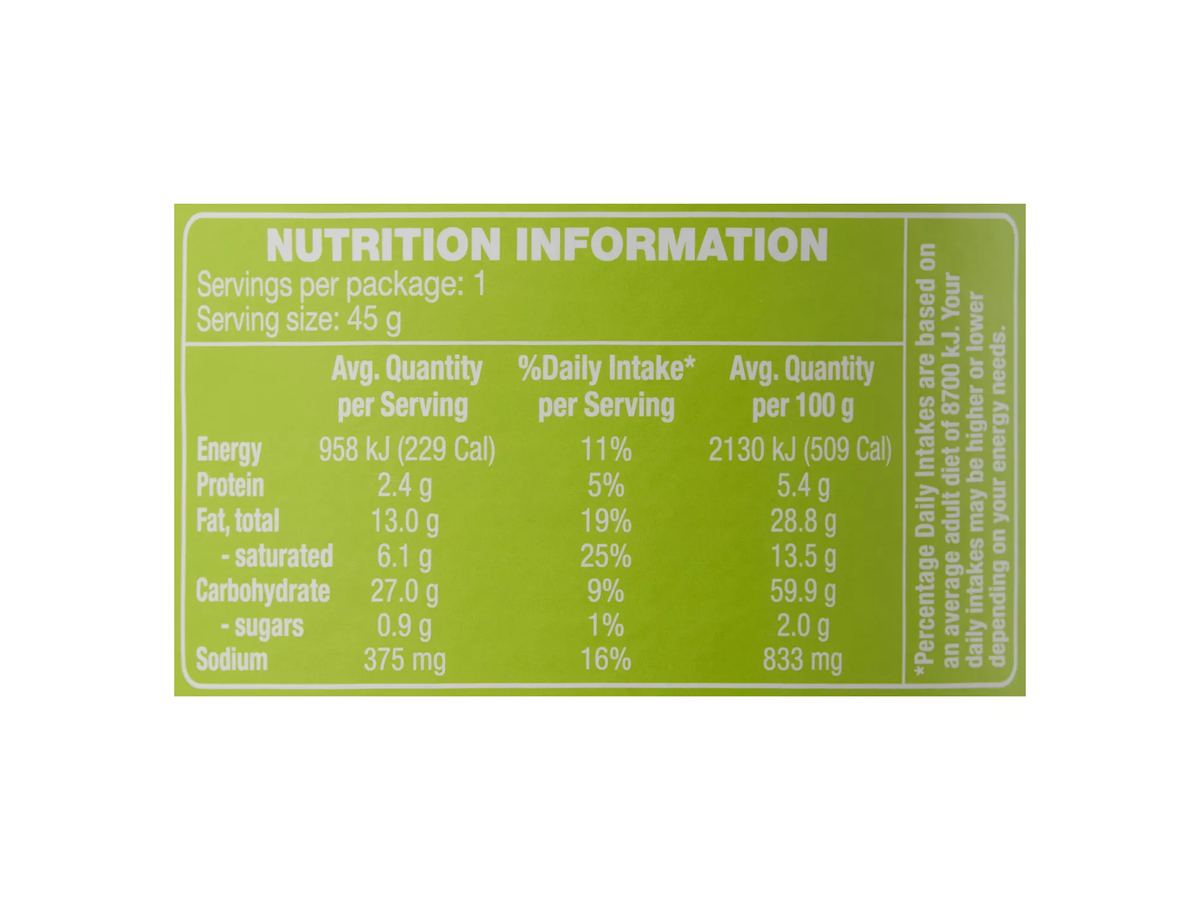 Pack photograph of SPRINTERS Snack Stack Chips Sour Cream & Onion Flavour 45g showing the printed nutrition panel