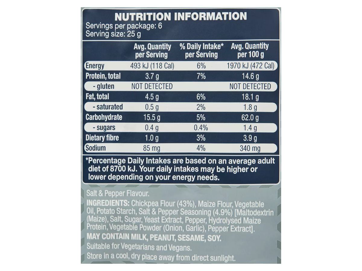 Pack photograph of OH SO NATURAL FOODS Salt & Pepper Hummus Chips 150g showing the printed nutrition panel