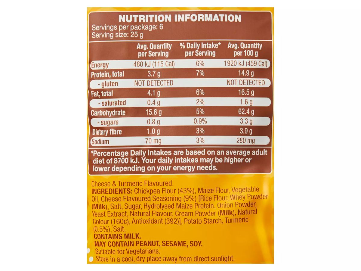 Pack photograph of OH SO NATURAL FOODS Turmeric & Cheese Hummus Chips 150g showing the printed nutrition panel