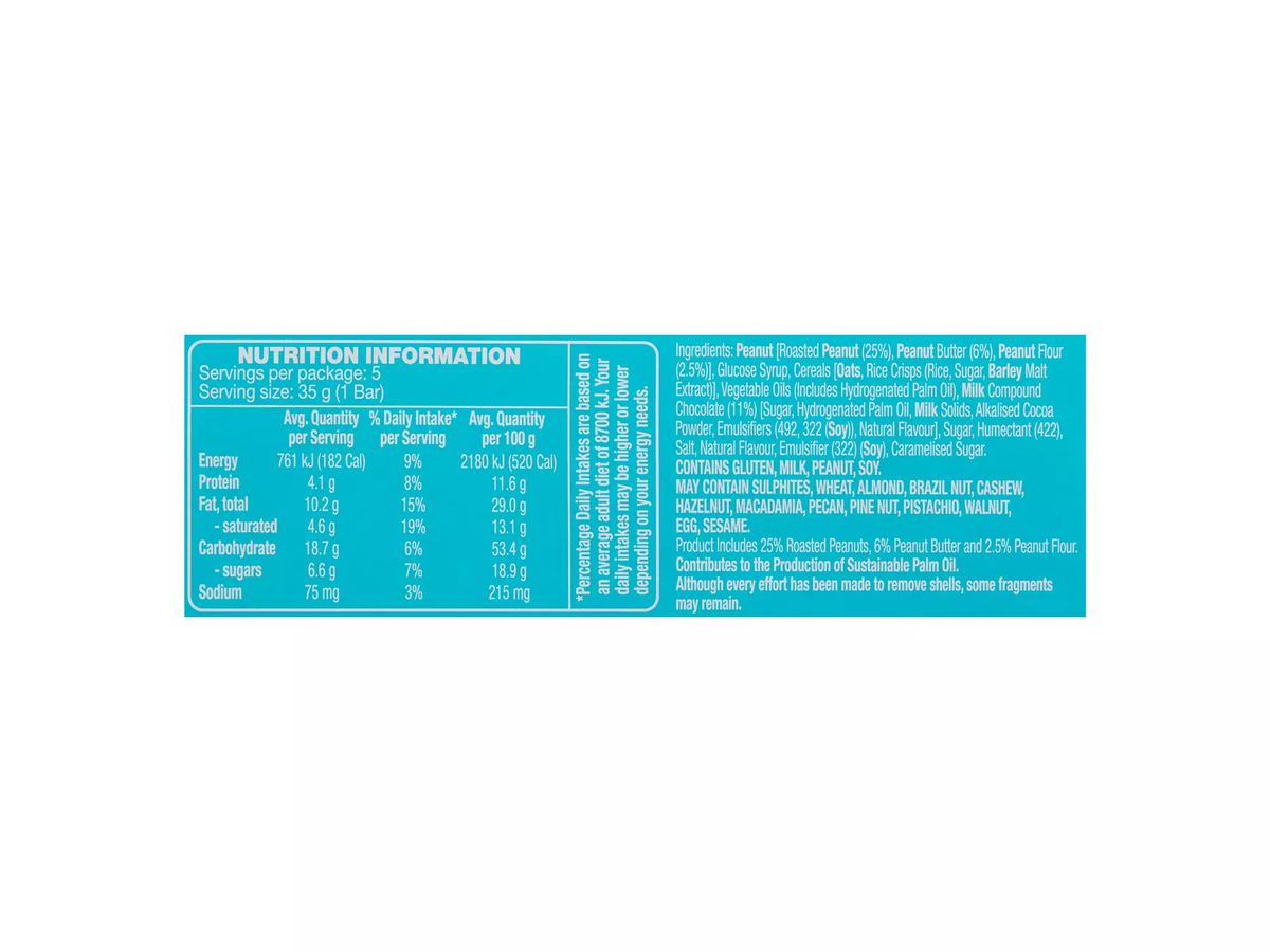Pack photograph of HILLCREST Nut Butter Bars Peanut Butter 5 Pack 175g showing the printed nutrition panel