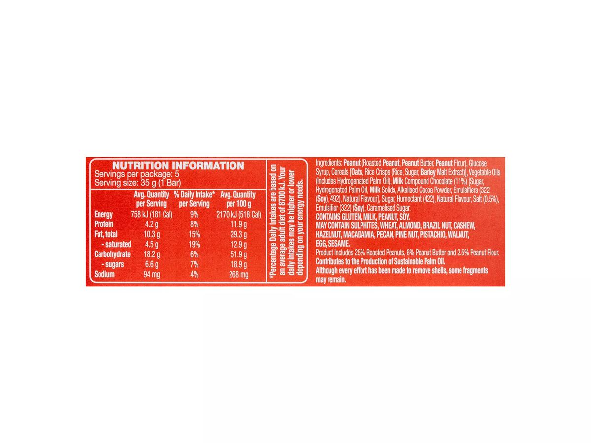 Pack photograph of HILLCREST Nut Butter Bars Peanut Butter & Salted Caramel 5 Pack 175g showing the printed nutrition panel