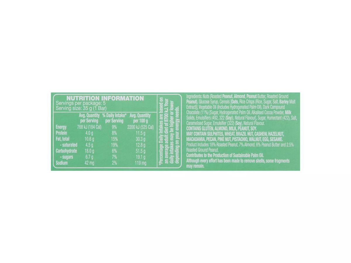 Pack photograph of HILLCREST Nut Butter Bars Peanut Butter & Almond 5 Pack 175g showing the printed nutrition panel