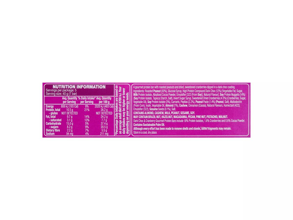 Pack photograph of HILLCREST Gourmet Protein Bars Dark Choc & Cranberry 5 Pack 200g showing the printed nutrition panel