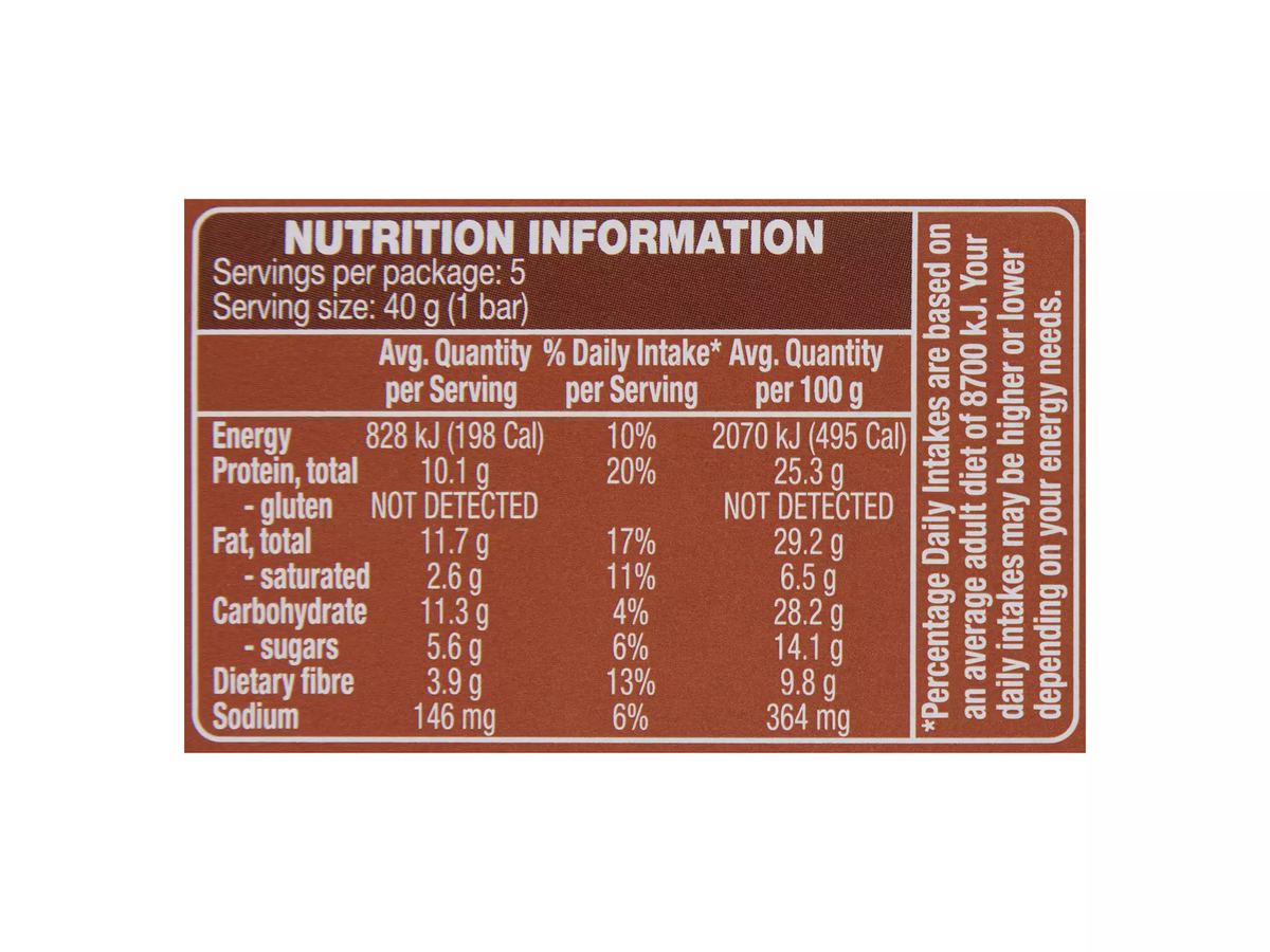 Pack photograph of HILLCREST Gourmet Protein Bars Almond & Salted Dark Choc 5 Pack 200g showing the printed nutrition panel