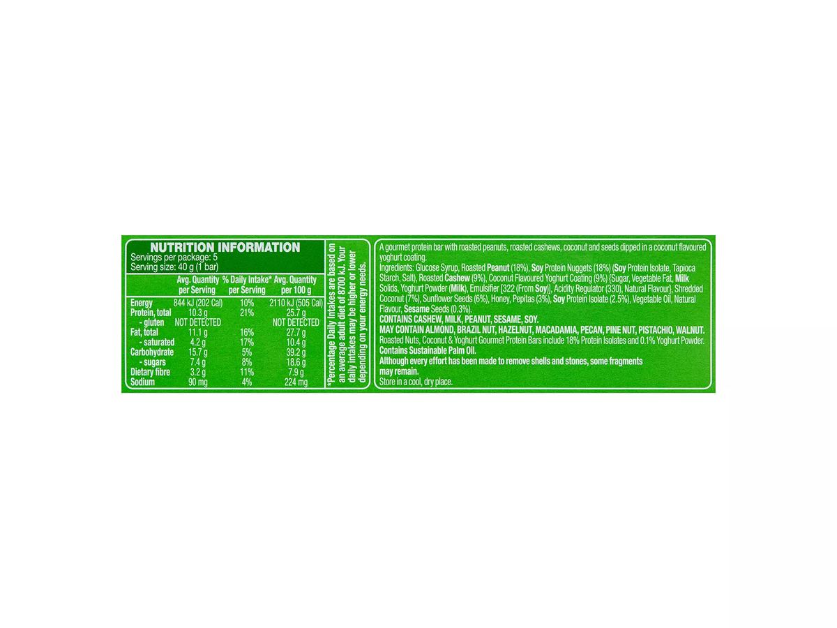 Pack photograph of HILLCREST Gourmet Protein Bars Roasted Nuts, Coconut & Yoghurt 5 Pack 200g showing the printed nutrition panel