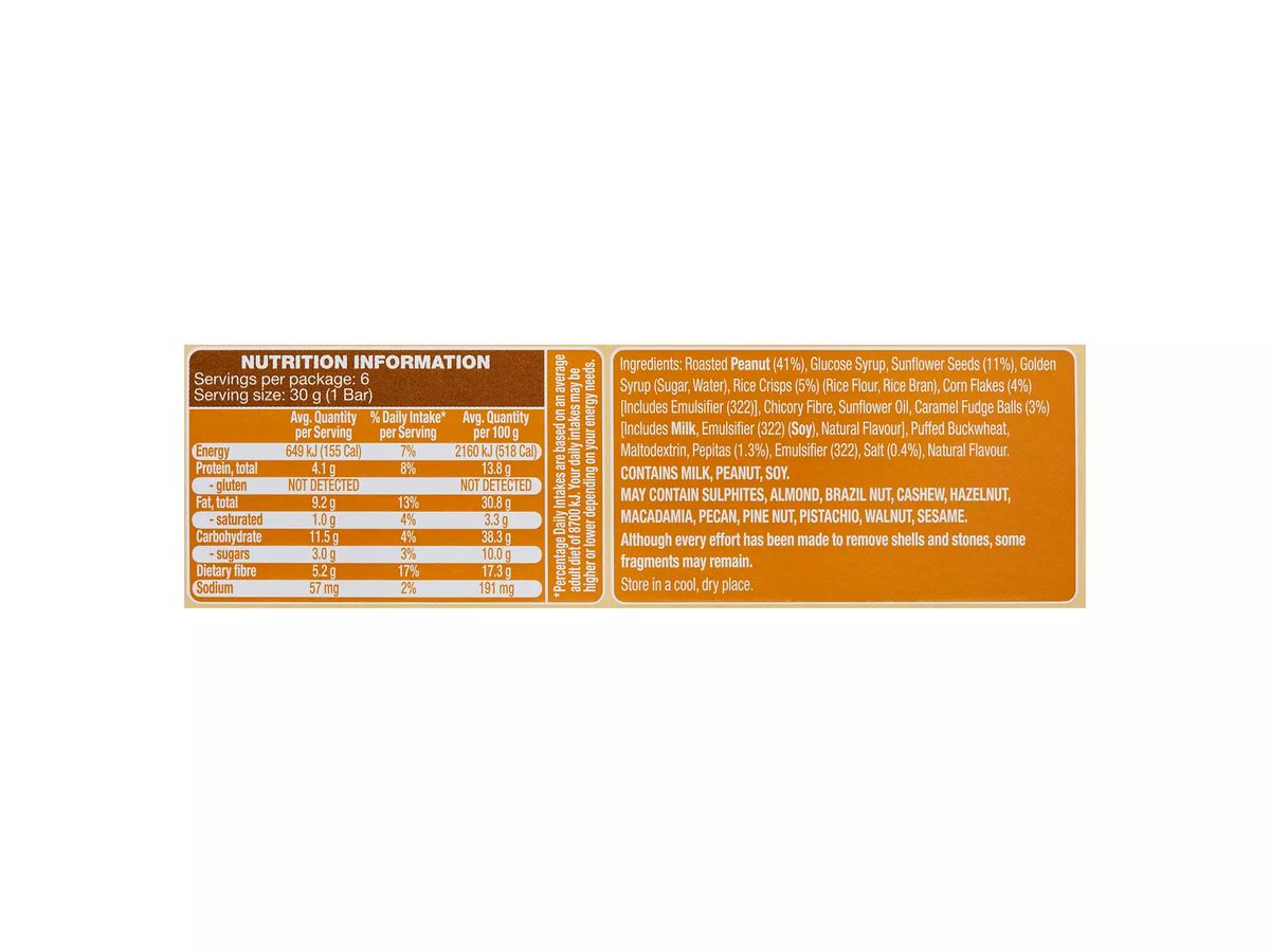 Pack photograph of OH SO NATURAL GLUTEN FREE Bars Salted Caramel 6 Pack 180g showing the printed nutrition panel