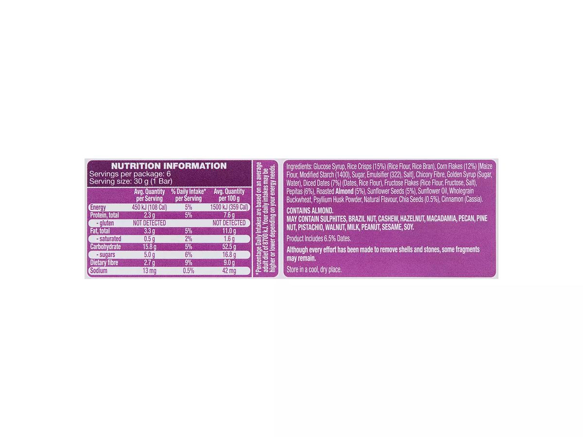 Pack photograph of OH SO NATURAL GLUTEN FREE Bars Date & Chia 6 Pack 180g showing the printed nutrition panel