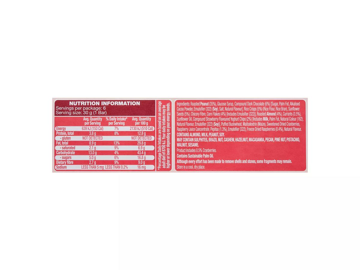 Pack photograph of OH SO NATURAL GLUTEN FREE Bars Rocky Road 6 Pack 180g showing the printed nutrition panel