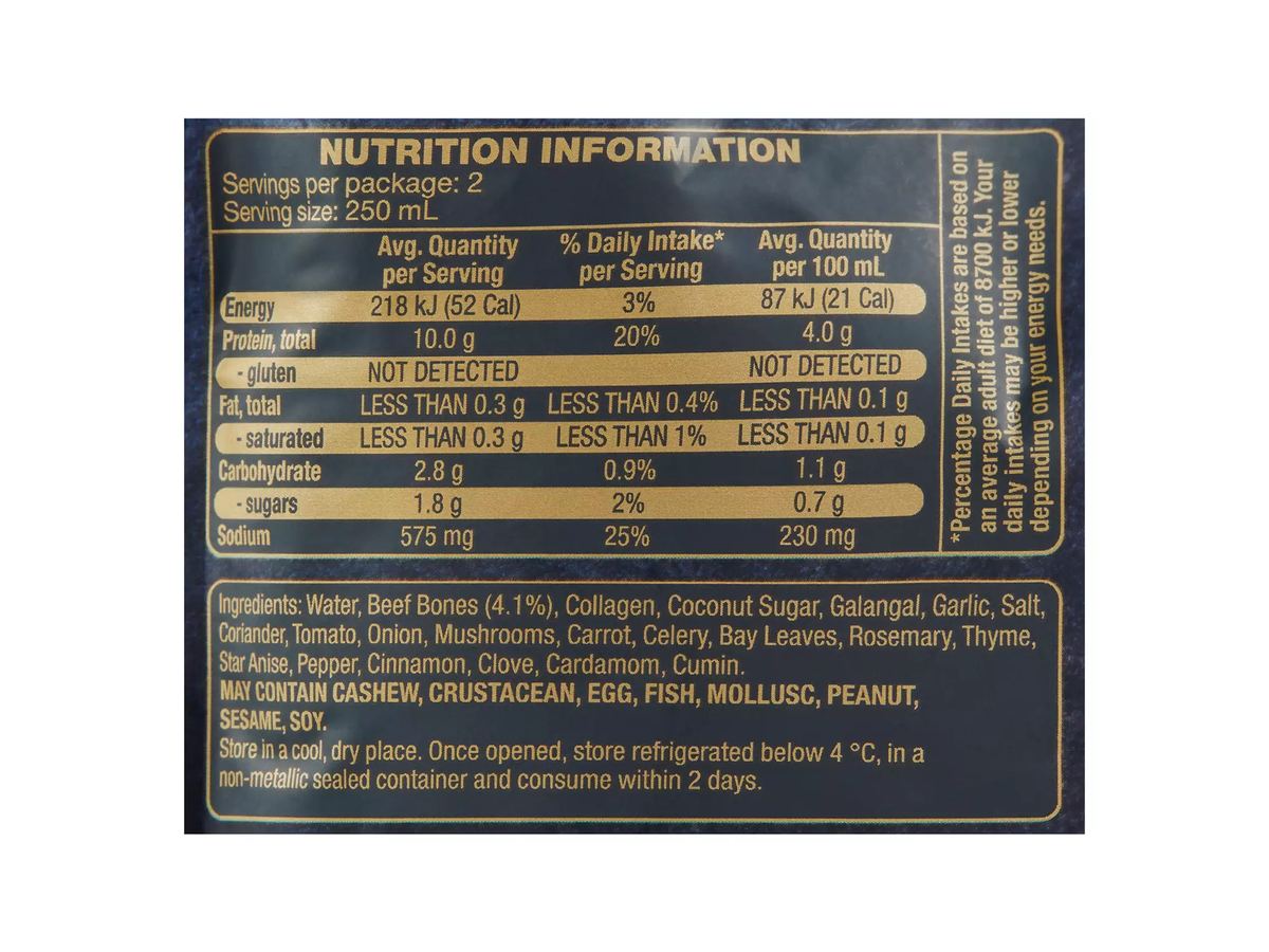 Pack photograph of CHEFS' CUPBOARD Beef Bone Broth 500ml showing the printed nutrition panel