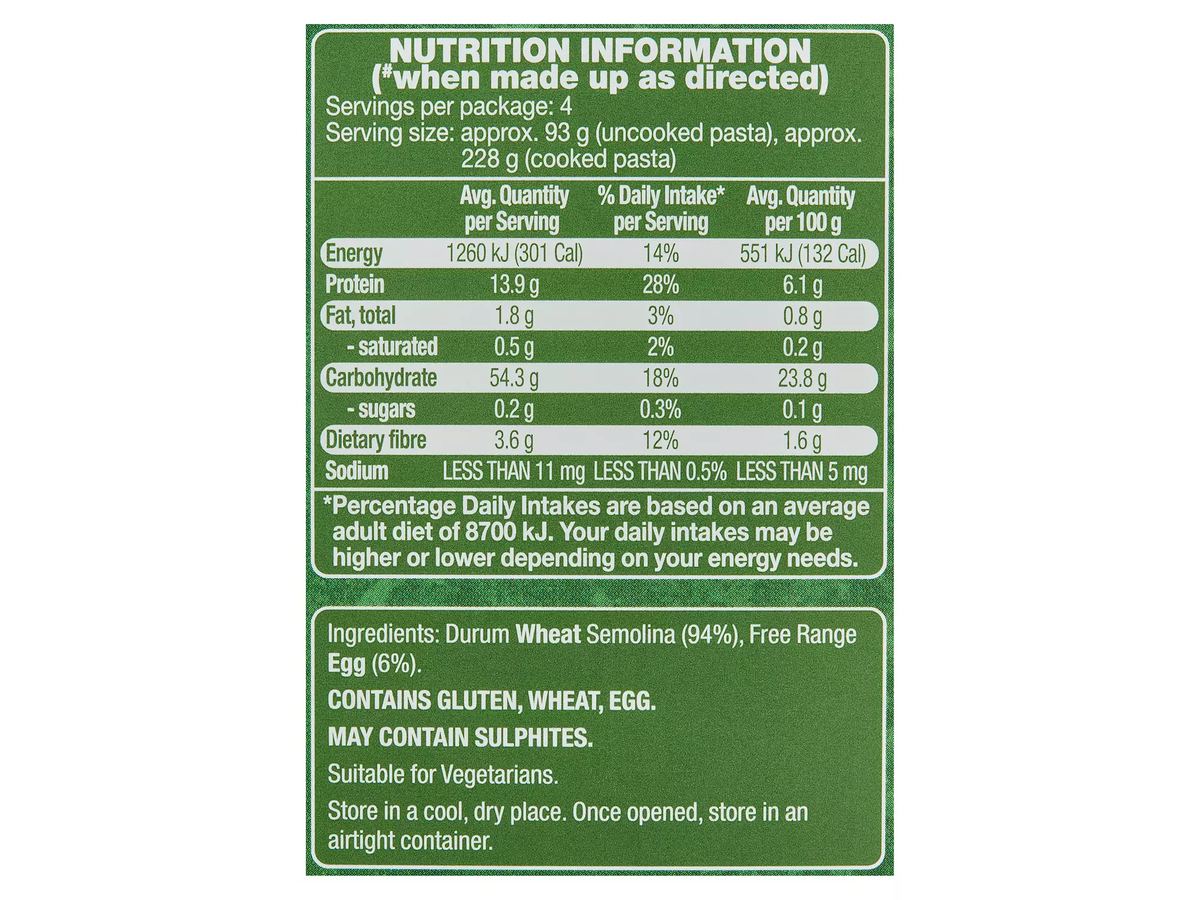 Pack photograph of REMANO Free Range Egg Pasta Linguine 375g showing the printed nutrition panel