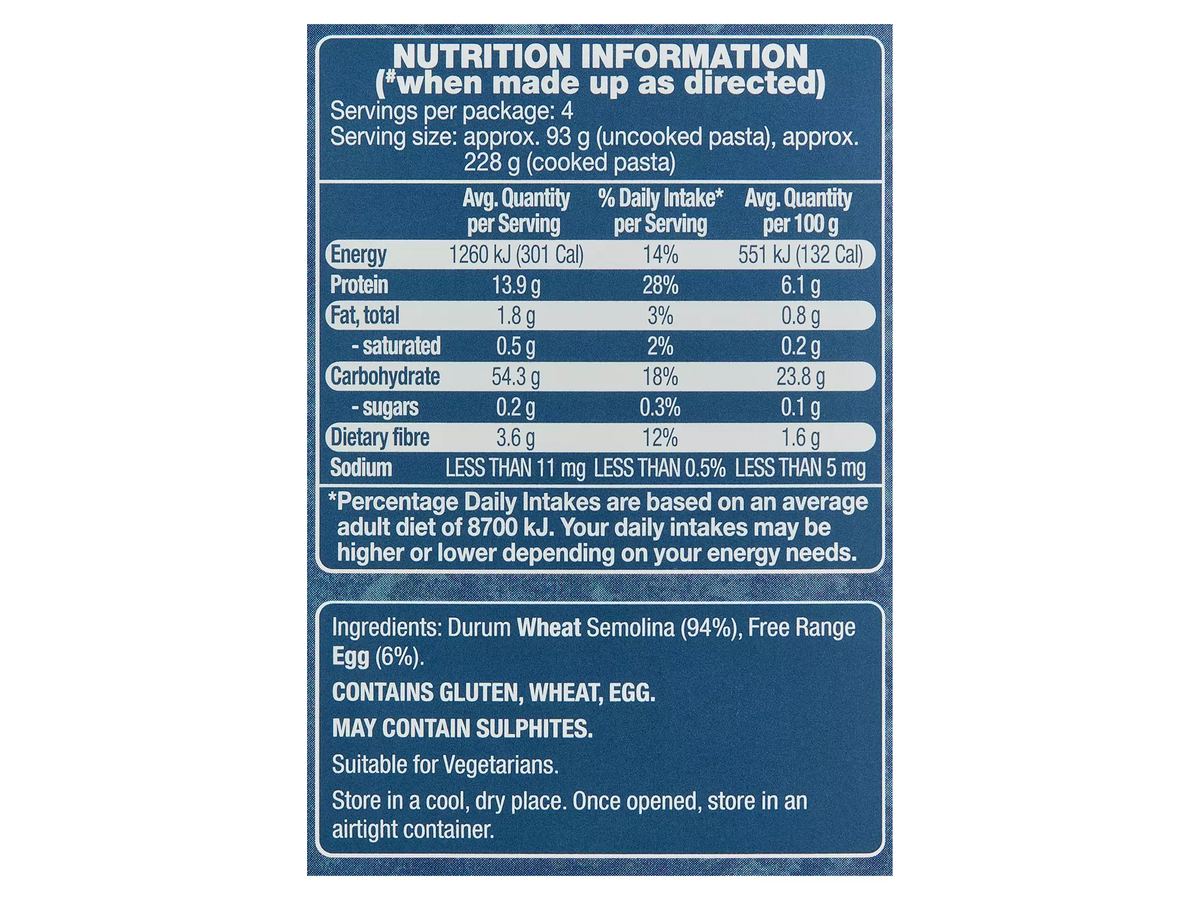 Pack photograph of REMANO Free Range Egg Pasta Tagliatelle 375g showing the printed nutrition panel