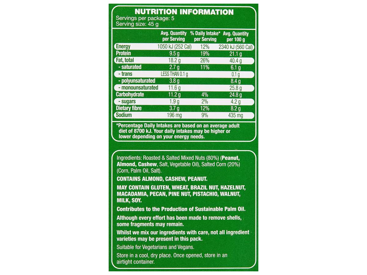 Pack photograph of FORRESTERS On The Go Salted Mixed Nuts 5 Pack 225g showing the printed nutrition panel
