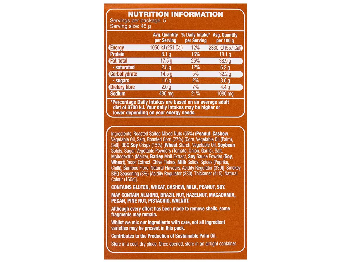 Pack photograph of FORRESTERS On The Go Smokey BBQ Mix 5 pack 225g showing the printed nutrition panel