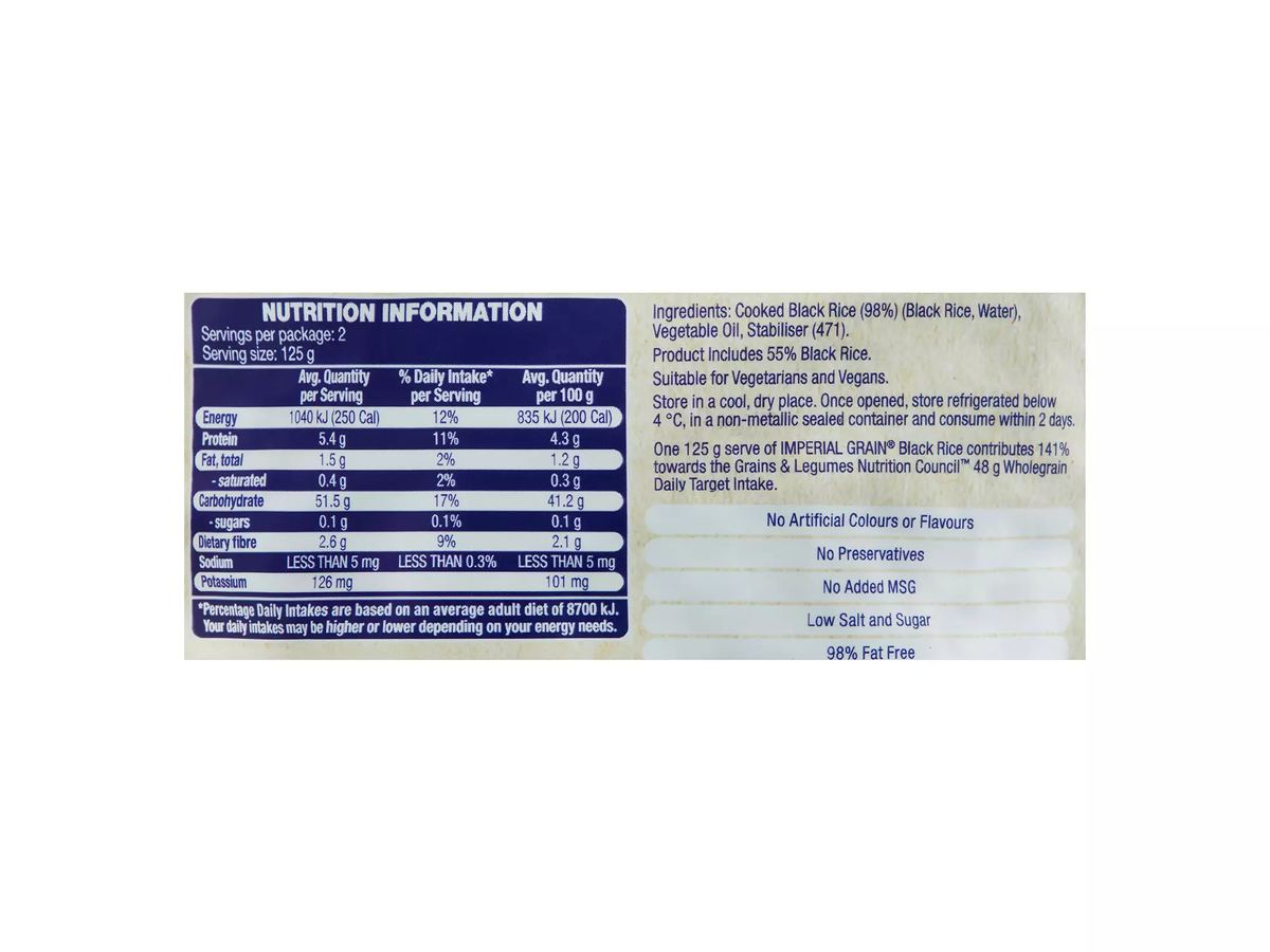 Pack photograph of IMPERIAL GRAIN Microwave Rice Pouch Black Rice 250g showing the printed nutrition panel
