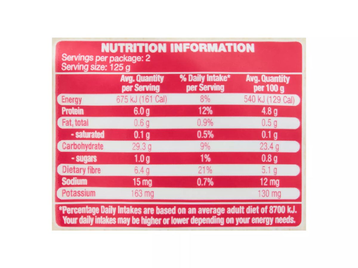 Pack photograph of IMPERIAL GRAIN Microwave Grains Red & White Quinoa 250g showing the printed nutrition panel