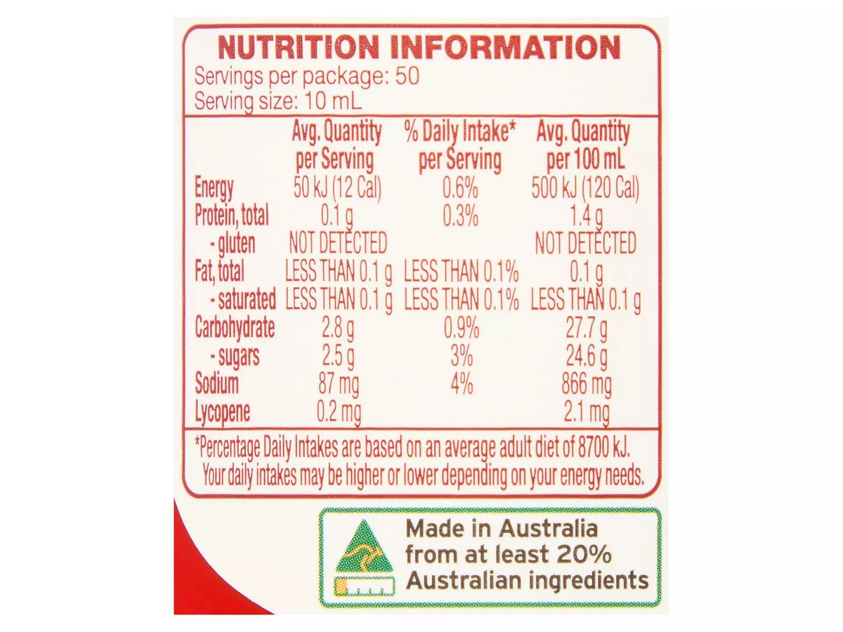 Pack photograph of COLWAY Tomato Sauce 500ml showing the printed nutrition panel